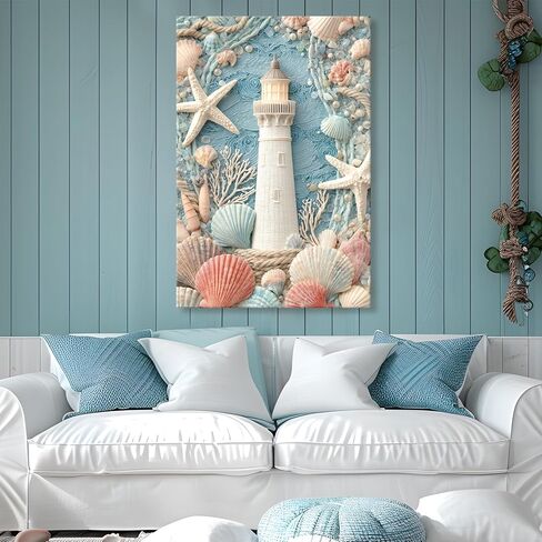 llribbons Bathroom Decor Lighthouse Canvas Wall Art Sea Shells Starfish 3D effect Prints Dreamy Coastal Seascape Painting Blue Ocean for Bedroom Living Room Beach House Home Decor Framed 12" x 18" in Saudi Arabia