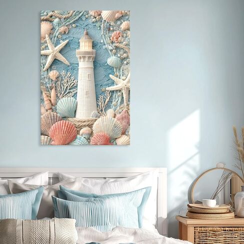 llribbons Bathroom Decor Lighthouse Canvas Wall Art Sea Shells Starfish 3D effect Prints Dreamy Coastal Seascape Painting Blue Ocean for Bedroom Living Room Beach House Home Decor Framed 12" x 18" in Saudi Arabia