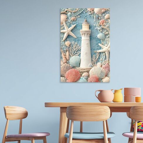 llribbons Bathroom Decor Lighthouse Canvas Wall Art Sea Shells Starfish 3D effect Prints Dreamy Coastal Seascape Painting Blue Ocean for Bedroom Living Room Beach House Home Decor Framed 12" x 18" in Saudi Arabia