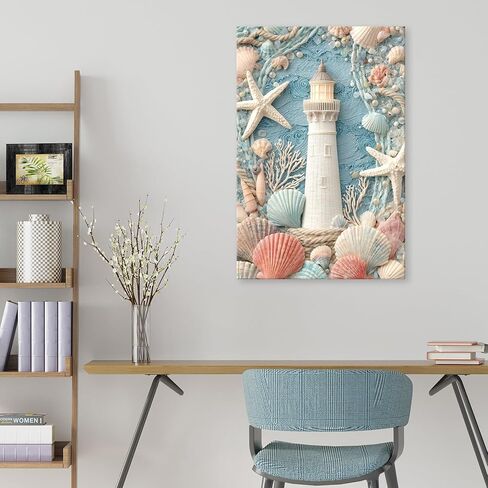 llribbons Bathroom Decor Lighthouse Canvas Wall Art Sea Shells Starfish 3D effect Prints Dreamy Coastal Seascape Painting Blue Ocean for Bedroom Living Room Beach House Home Decor Framed 12" x 18" in Saudi Arabia