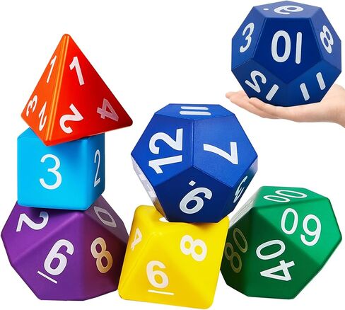 Arrowbash 7 Pcs Jumbo Polyhedra Dice 3.94 Inch Jumbo Foam Polyhedral Dice 7 Set 4, 6, 8, 10, 12, 20 Sides Dice Gifts for Games Teach Numbers Addition Subtraction Probability Learning, Multicolor in Saudi Arabia