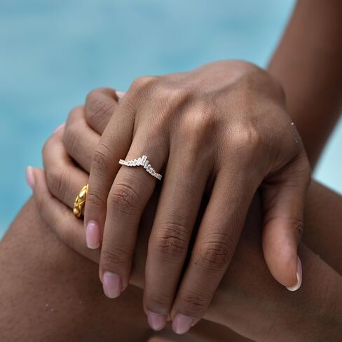 STORYJEWELLERY Curved Wedding Bands for Women, Sterling Silver Stackable Rings for Women, Chevron Ring, V Shaped Wedding Band, Engagement Rings, Emerald Cut Ring Enhancer, Gifts for Her in Saudi Arabia