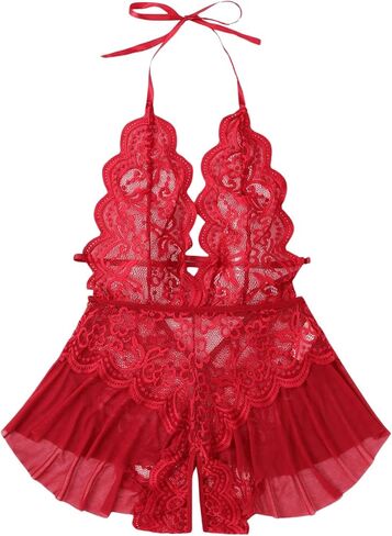 WDIRARA Women's Lace Crotchless Teddy Lingerie Ruffle Hem Mesh Halter Backless Lingerie Bodysuit in Saudi Arabia