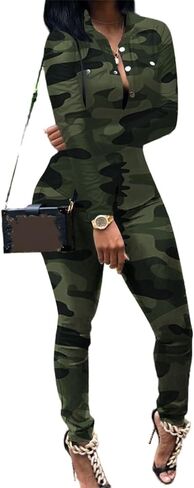 Women's Green Camouflage 2 Piece Sets, Camo Shirt Pants Outfits in Saudi Arabia