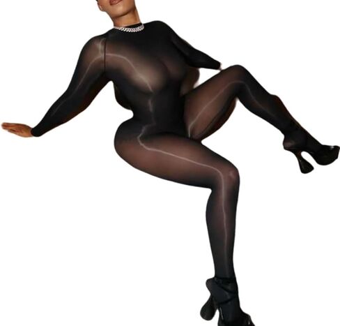Wuitrie Women's Fall Silky Sheer Mesh Jumpsuit Solid Black Long Sleeve Bodycon Layering Pants Bodysuit Night Sexy Clubwear in Saudi Arabia