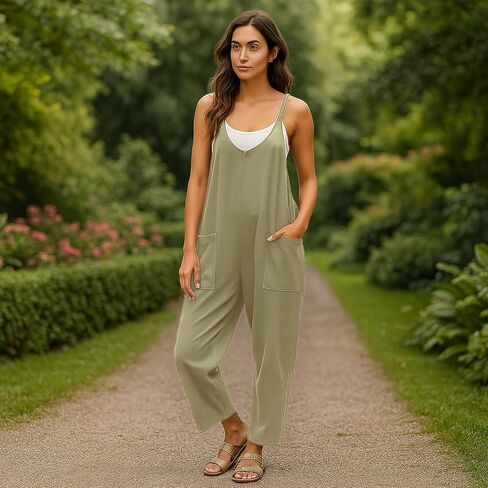Women's Sleeveless V Neck Casual Jumpsuits Harem Stretchy Adjustable with Overalls in Saudi Arabia