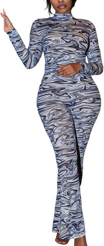 Sexy Mesh 2 Piece Set for Women See Through Turtleneck Going Out Crop Top Flared Pant Sets Jumpsuit Club Outfits in Saudi Arabia