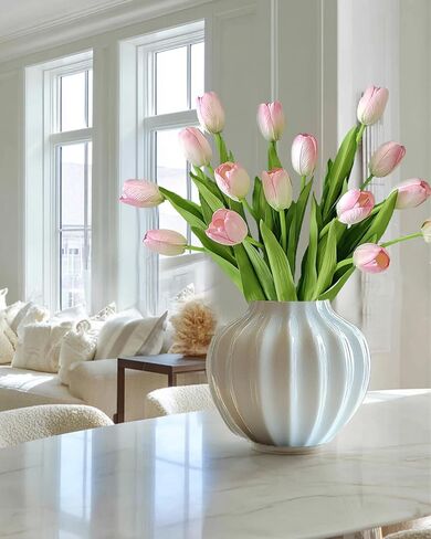 12pcs Pink Artificial Tulips, Real Touch Silk Faux Flowers, 13.8 Inch Stems, for Wedding Home Decor, Mother's Day Easter Gifts, Table Centerpiece Bouquets Arrangements in Saudi Arabia