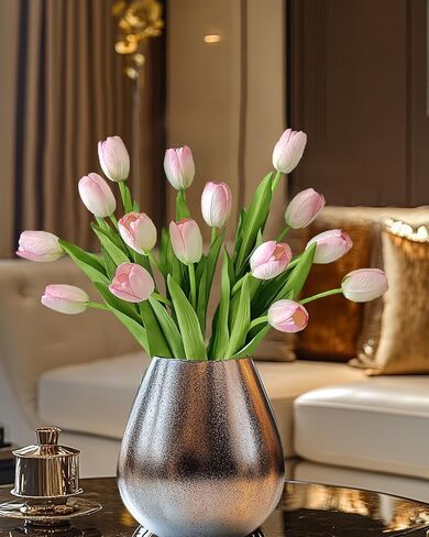 12pcs Pink Artificial Tulips, Real Touch Silk Faux Flowers, 13.8 Inch Stems, for Wedding Home Decor, Mother's Day Easter Gifts, Table Centerpiece Bouquets Arrangements in Saudi Arabia