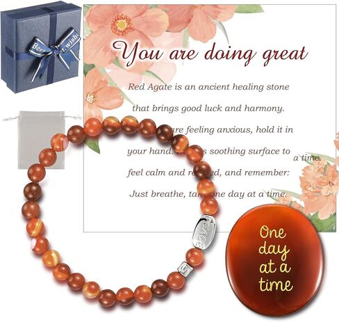 Landical One Day at a Time Agate Healing Crystal Thinking of You Gifts Red Agate Stone Calming Bracelet Inspirational Palm Stone Anxiety Stress Relief Jewelry You Got This Sobriety Gifts for Women Men in Saudi Arabia