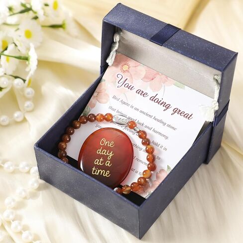 Landical One Day at a Time Agate Healing Crystal Thinking of You Gifts Red Agate Stone Calming Bracelet Inspirational Palm Stone Anxiety Stress Relief Jewelry You Got This Sobriety Gifts for Women Men in Saudi Arabia