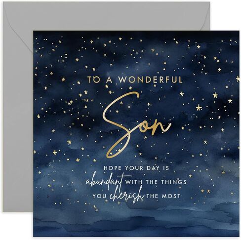 بطاقة عيد ميلاد الشركة الإنجليزية القديمة، تصميم نجوم للابن، بطاقة تهنئة للرجال، البالغين، المراهقين، الأطفال، فارغة من الداخل، رقائق ذهبية، بطاقة عيد ميلاد خاصة من العائلة in Kuwait