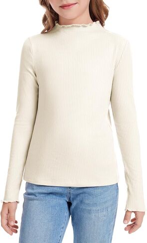 قمصان بناتي بأكمام طويلة كاجوال ورقبة وهمية وحواف مضلعة وقمصان علوية بقصة ضيقة in Kuwait