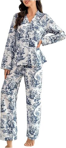 WDIRARA Women's 2 Piece Graphic Pajama Set Button Down Sleepwear Long Sleeve Shirt and Pants Pjs in Saudi Arabia