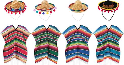 8 Pcs Mexican Costume Set for Adults Include Mexican Serape Poncho with Straw Sombrero Headbands for Cinco De Mayo Fiesta Theme Celebration in Saudi Arabia