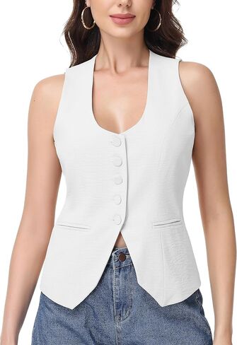 Vest Tops for Women Scoop Neck Sleeveless Fitted Waistcoat Button Work Blazer Casual Business Summer Crop Tops in Saudi Arabia