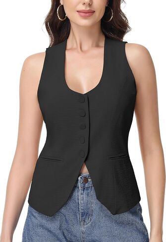 Vest Tops for Women Scoop Neck Sleeveless Fitted Waistcoat Button Work Blazer Casual Business Summer Crop Tops in Saudi Arabia
