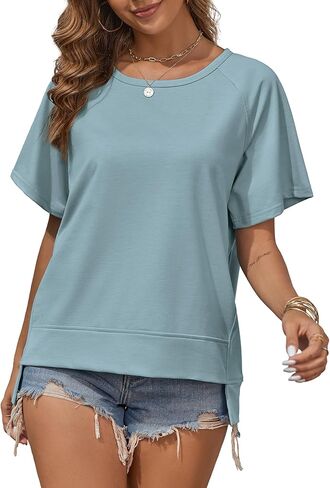 Oversized T Shirts for Women Crewneck Short Sleeve Casual Summer Tops Lightweight Loose High Low Blouse Light Blue S in Kuwait