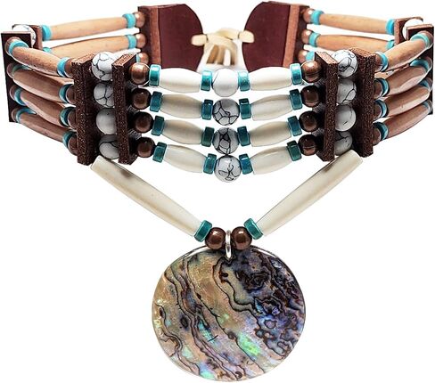 Traditional 4 Row Buffalo Bone Hairpipe Beads Tribal Choker Necklace with Sea Shell Pendant (Abalone Sea Shell Pendant) in Kuwait