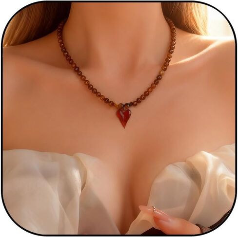 Chunky Heart Choker Necklace for Women Vintage Punk Acrylic Leopard Print Statement Collar Choker Amber Resin Beads Chain Love Necklace Trendy Fashion Party Birthday Holiday Jewelry Gift in Saudi Arabia