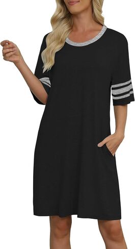 Womens Nightgowns Short Sleeve Sleepwear Color Block Sleepshirts Lightweight Nightshirt with Pockets in Kuwait