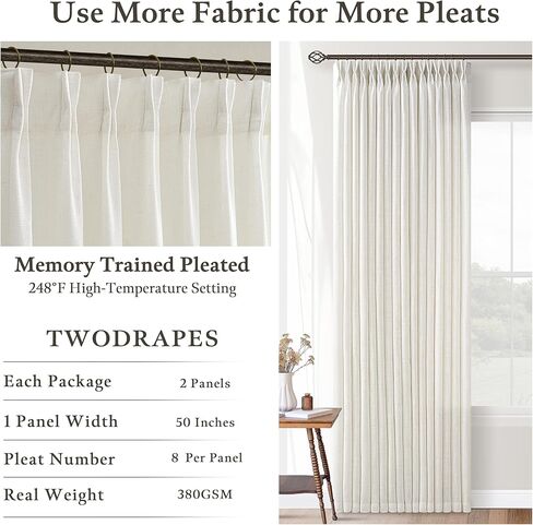 ستائر كتان مطوية 90 بوصة مكونة من لوحتين لغرفة المعيشة ستائر مطوية قرصة نظام مسار الذاكرة المدربة للضوء تصفية ستارة شبه شفافة بطول 90 بوصة لغرفة الطعام وغرفة النوم والمكتب W50xL90 in Kuwait