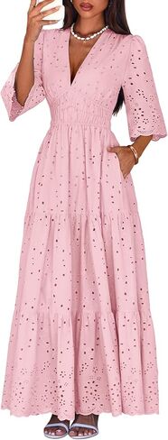 Lazysmile Long Sleeve Dresses for Women V Neck Hollow Out Eyelet Ruffle Swing A-Line Fall Vacation Boho Maxi Dress in Saudi Arabia