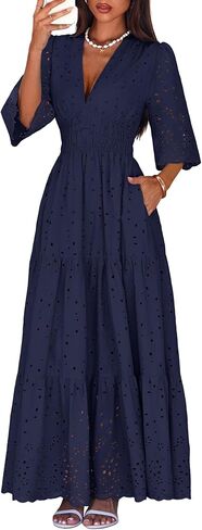 Lazysmile Long Sleeve Dresses for Women V Neck Hollow Out Eyelet Ruffle Swing A-Line Fall Vacation Boho Maxi Dress in Saudi Arabia
