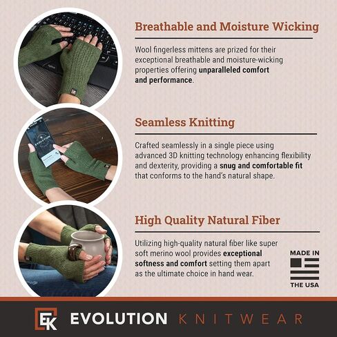 Evolution Knitwear Wool Mesh Knit Fingerless Mittens - Super Soft Merino Wool - Made in the USA in Saudi Arabia