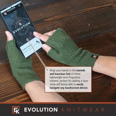 Evolution Knitwear Wool Mesh Knit Fingerless Mittens - Super Soft Merino Wool - Made in the USA in Saudi Arabia