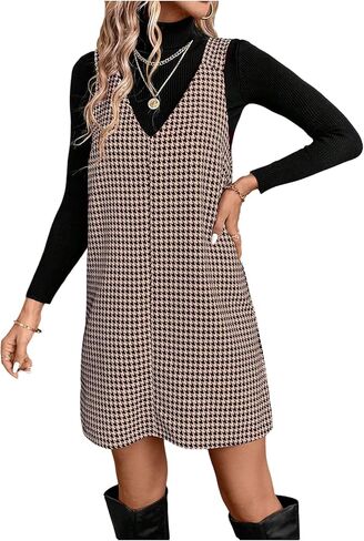 OYOANGLE Women's Houndstooth Print V Neck Overall Dress Sleeveless Pinafore Short Dresses in Saudi Arabia