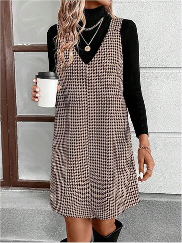 OYOANGLE Women's Houndstooth Print V Neck Overall Dress Sleeveless Pinafore Short Dresses in Saudi Arabia