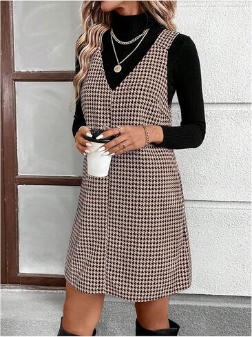 OYOANGLE Women's Houndstooth Print V Neck Overall Dress Sleeveless Pinafore Short Dresses in Saudi Arabia