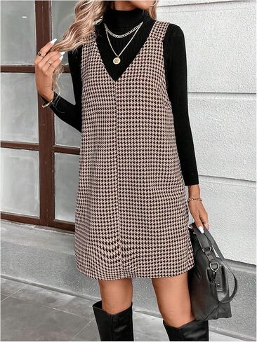 OYOANGLE Women's Houndstooth Print V Neck Overall Dress Sleeveless Pinafore Short Dresses in Saudi Arabia