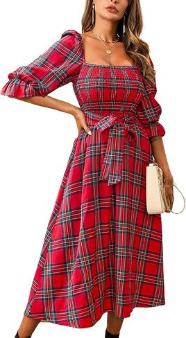 CUPSHE Women's Maxi Dresses Square Neck Plaid Smocked Belted Ruffled Casual Half Trumpet Sleeve A Line Long Party Dress in Saudi Arabia