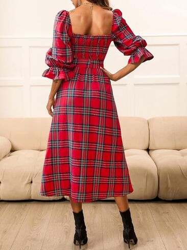 CUPSHE Women's Maxi Dresses Square Neck Plaid Smocked Belted Ruffled Casual Half Trumpet Sleeve A Line Long Party Dress in Saudi Arabia