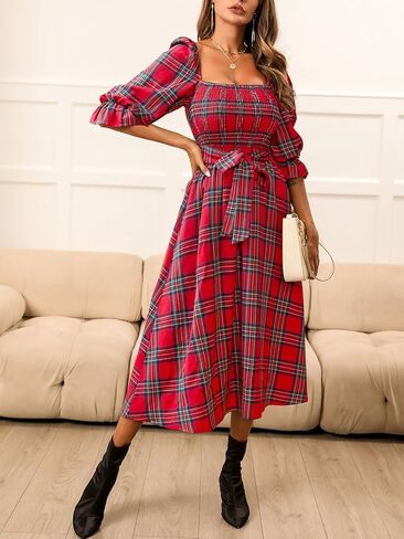 CUPSHE Women's Maxi Dresses Square Neck Plaid Smocked Belted Ruffled Casual Half Trumpet Sleeve A Line Long Party Dress in Saudi Arabia