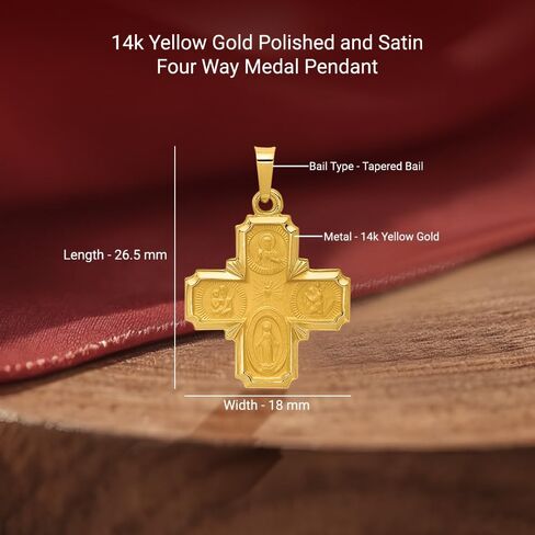 Diamond2Deal 14k Yellow Gold Polished and Satin Four Way Medal Pendant (L- 26.5 mm W- 18 mm) in Saudi Arabia