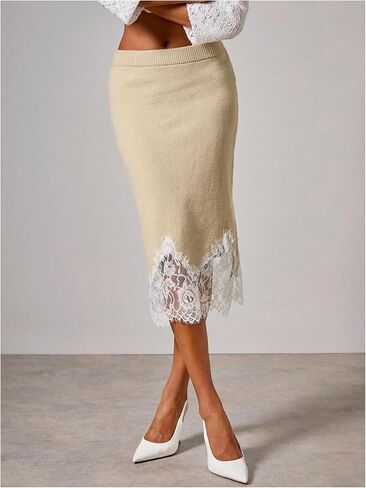 MakeMeChic Women's Floral Lace Sweater Skirt High Waist Split Knit Business Pencil Midi Skirts in Saudi Arabia