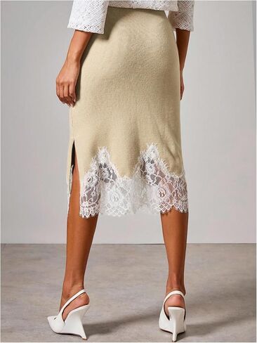 MakeMeChic Women's Floral Lace Sweater Skirt High Waist Split Knit Business Pencil Midi Skirts in Saudi Arabia