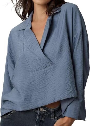 المرأة طويلة الأكمام واسعة Placket أعلى عارضة الخامس الرقبة سوينغ يشبه الصندوق بلوزة Popover قميص سترة in Kuwait