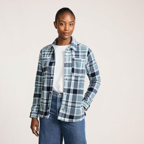 Lands' End Women's Print Anyweather Fleece Shirt Jacket Large Soft Ice Blue/Navy Plaid in Saudi Arabia