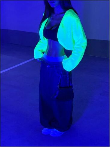 SweatyRocks Women's Reflective Fuzzy Open Front Crop Jacket Sherpa Fleece Long Sleeve Coat Outerwear in Saudi Arabia