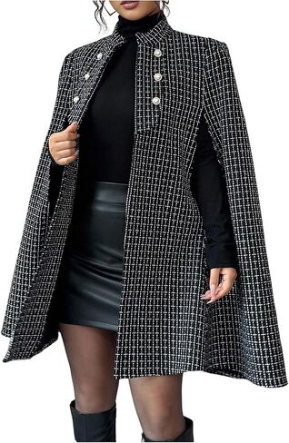 MakeMeChic Women's Plaid Poncho Coat Open Front Pearl Beaded Button Elegant Cape Cardigan in Saudi Arabia