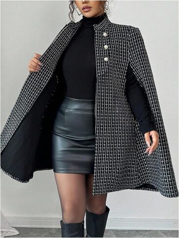 MakeMeChic Women's Plaid Poncho Coat Open Front Pearl Beaded Button Elegant Cape Cardigan in Saudi Arabia