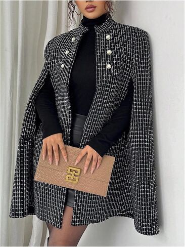 MakeMeChic Women's Plaid Poncho Coat Open Front Pearl Beaded Button Elegant Cape Cardigan in Saudi Arabia