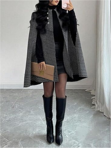 MakeMeChic Women's Plaid Poncho Coat Open Front Pearl Beaded Button Elegant Cape Cardigan in Saudi Arabia