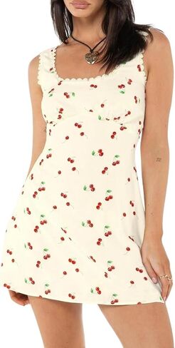 Womens Babydoll Tank Dress Y2k Lace Trim Square Neck Mini Dress Loose Aesthetic Sleeveless Flowy Backless Short Sundress in Saudi Arabia