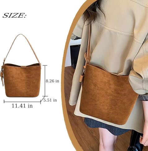 حقيبة دلو من جلد الغزال HJMND حقائب من جلد الغزال للنساء حقيبة دلو بنية حقيبة يد بكتف واحد حقيبة كروسبودي محفظة للعطلات in Kuwait