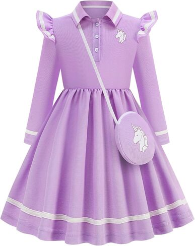 Girls Long Sleeve Polo Dress Toddler School Uniform Causal Dresses with Shoulder Bag 3-8Y in Saudi Arabia